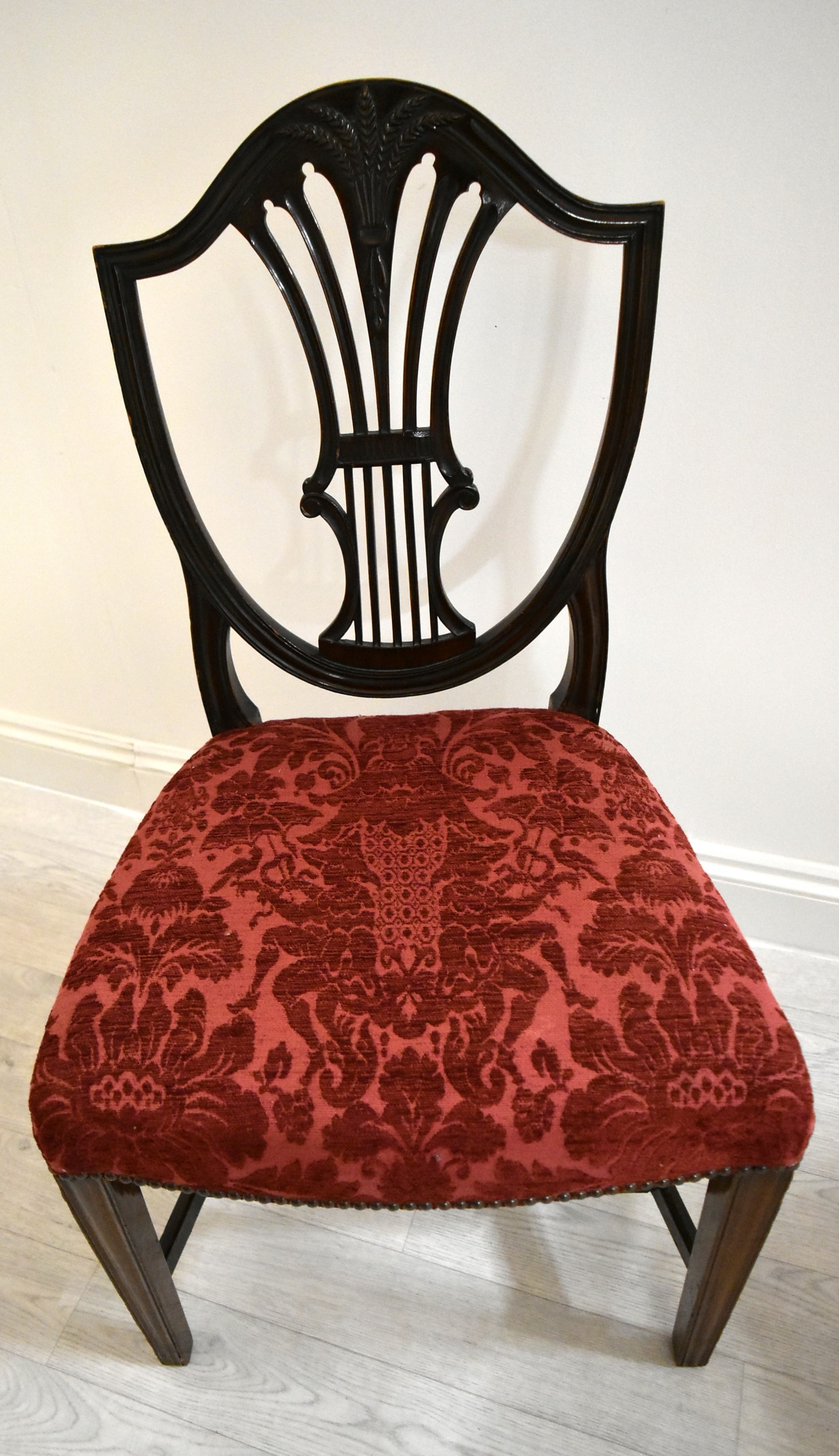 A pair of mahogany framed Hepplewhite style shield back dining chairs, each with stuff over seats. - Image 3 of 8