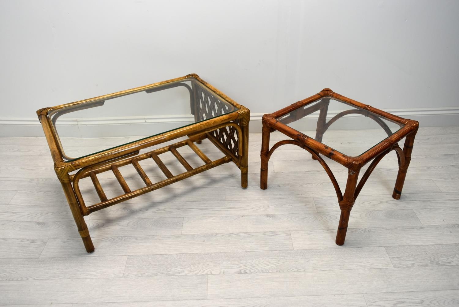 Two cane/bamboo coffee tables with glass tops. H.41 W.76cm (largest) - Image 3 of 4