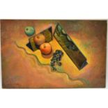 Dorothy Southern. Still life. oil on wood. An interesting compasition of fruit and mirrors. Signed