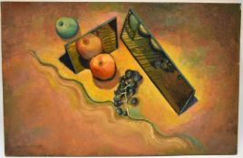 Dorothy Southern. Still life. oil on wood. An interesting compasition of fruit and mirrors. Signed