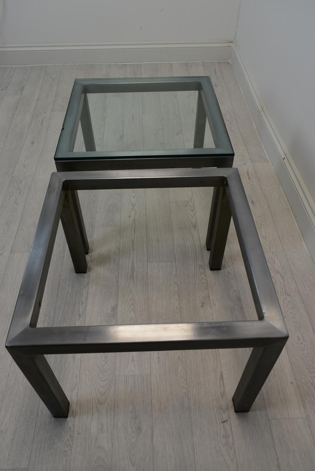 A pair of square brushed metal framed coffee side tables with glass top. Some chips to glass and one - Image 6 of 6