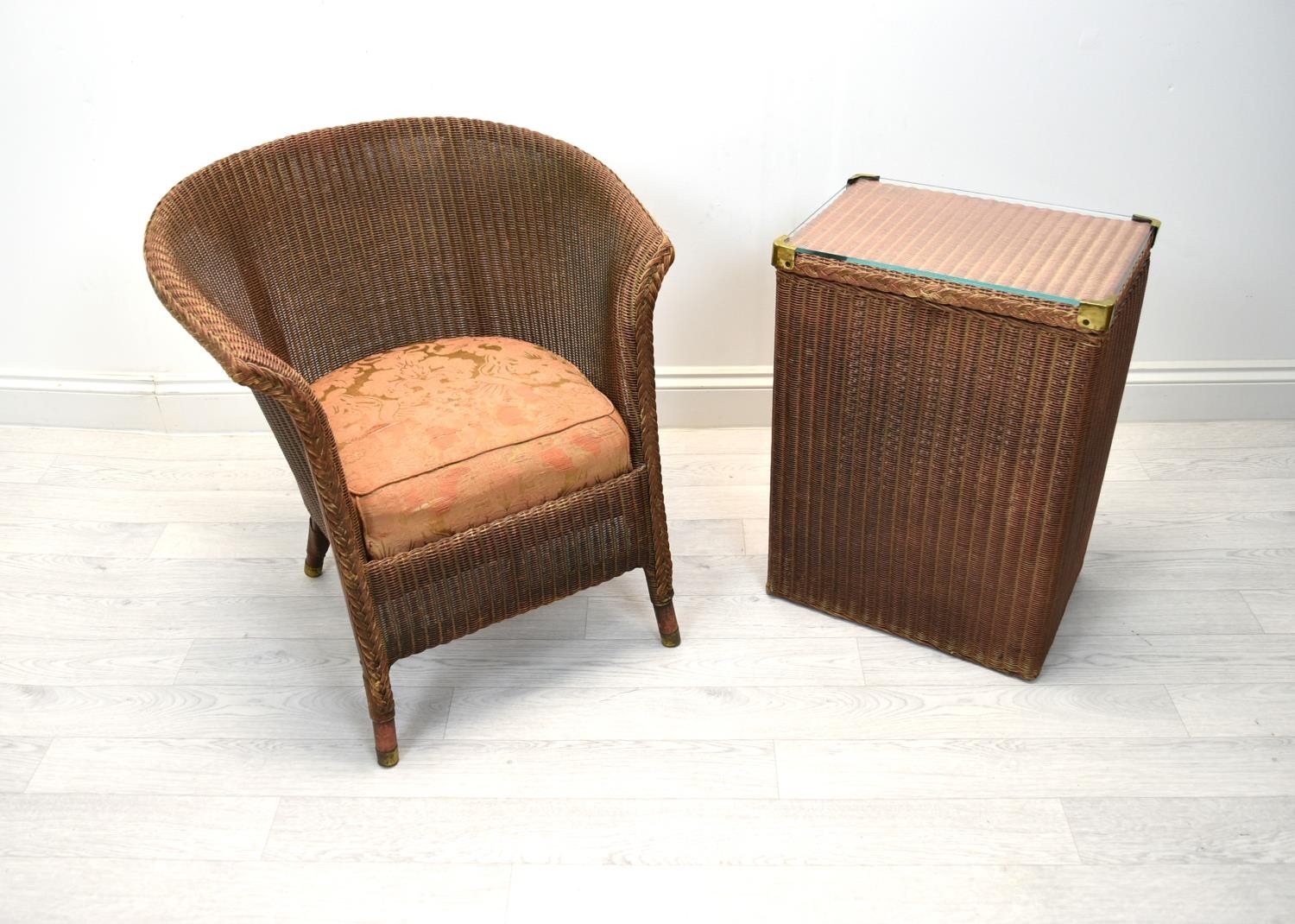 A late 1930s painted Lloyd Loom tub chair with drop in seats, stencil mark Sept. '37 together with - Image 2 of 7