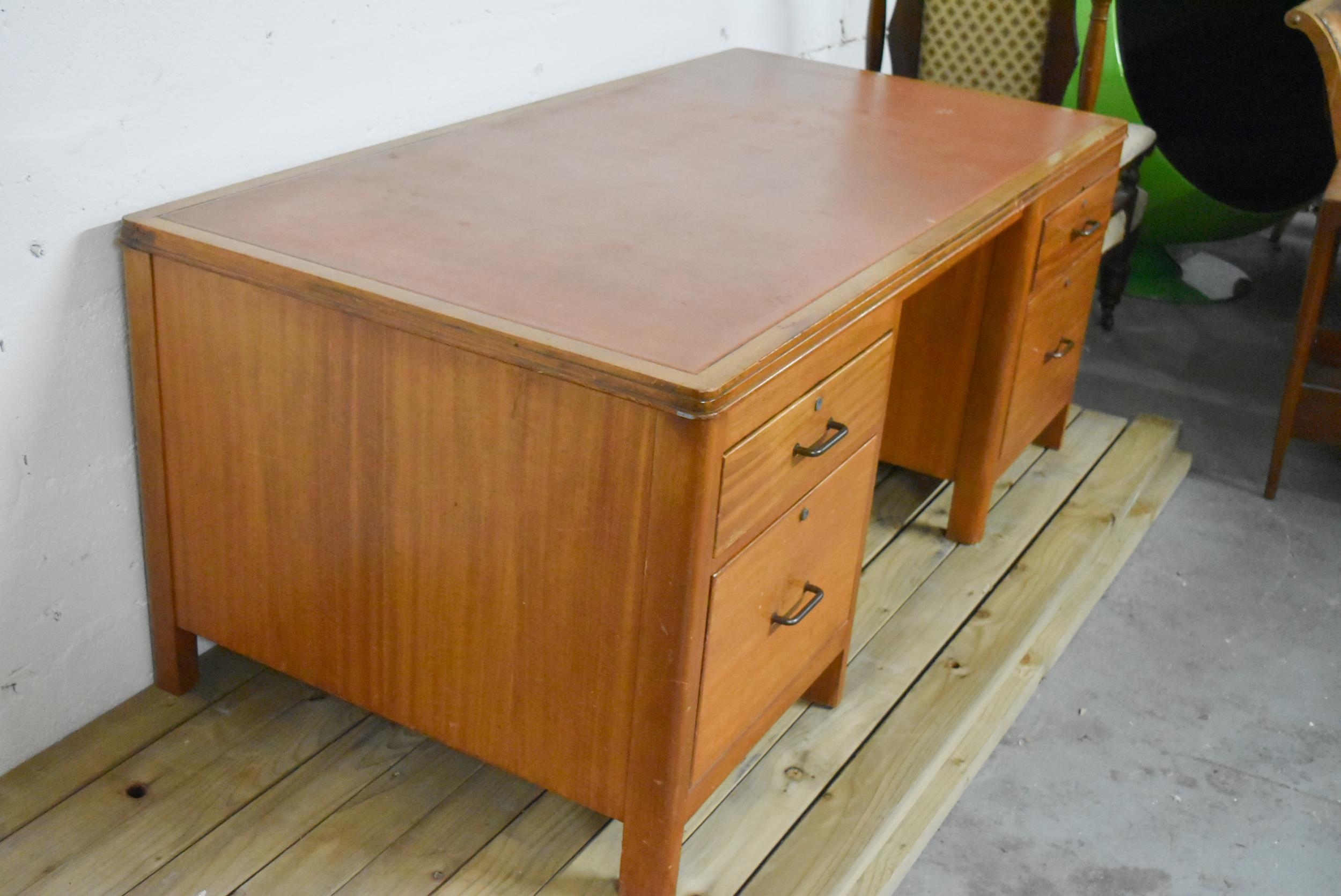 A mid century vintage teak pedestal desk with inset leather top on block supports. - Image 7 of 9