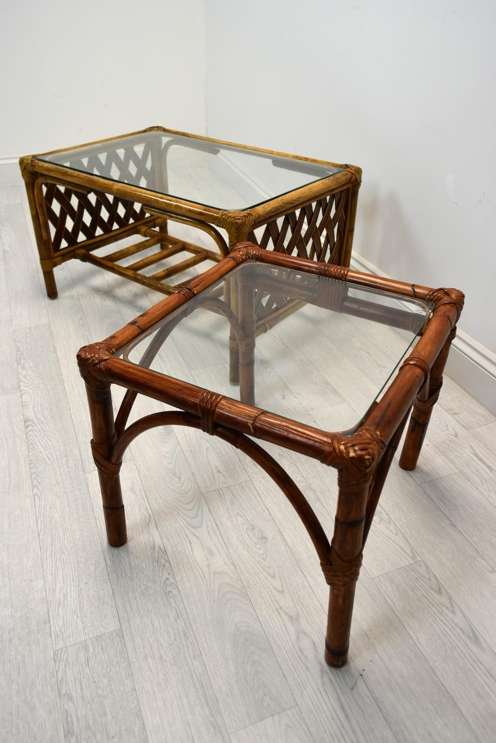 Two cane/bamboo coffee tables with glass tops. H.41 W.76cm (largest) - Image 4 of 4