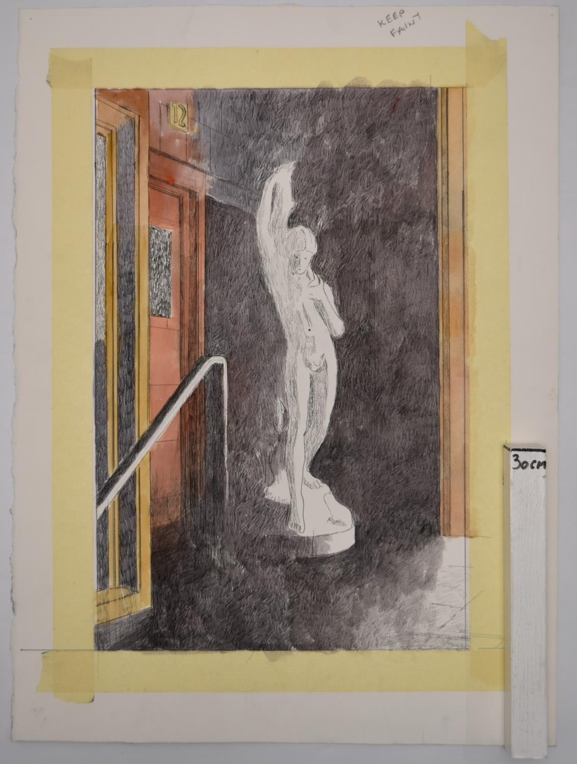 TREVOR FRANKLAND (British 1931-2011). Watercolour, probably and preparatory work, unsigned. H.69 W. - Image 2 of 2