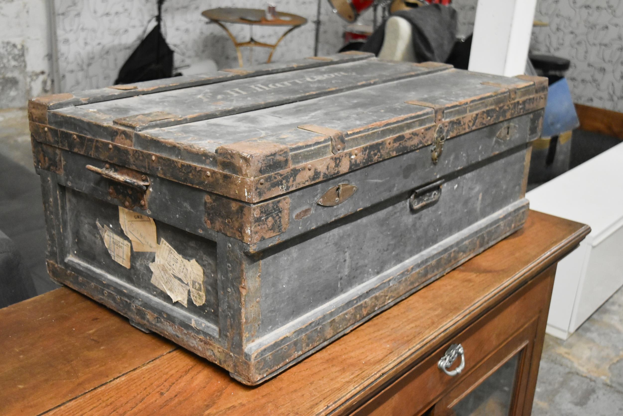 A 19th century metal bound trunk with zinc liner: The Marshall improved air & water tight chest - Image 5 of 10