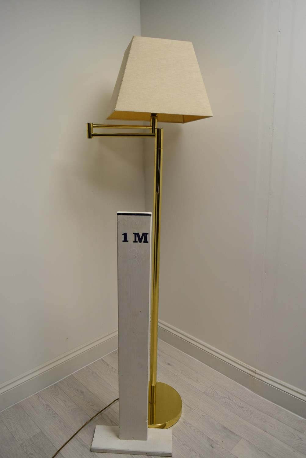 A contemporary brass plated standard lamp with adjustible arm with extension and shade raised on - Image 3 of 7