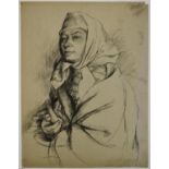 Erlund Hudson (Eleanor Hudson) 1911 -2012). A well worked charcoal on paper portrait of woman,