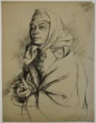 Erlund Hudson (Eleanor Hudson) 1911 -2012). A well worked charcoal on paper portrait of woman,
