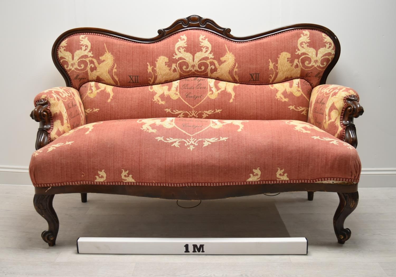 A late 19th / early 20th century mahogany framed French style settee with scroll arms raised on - Image 3 of 5