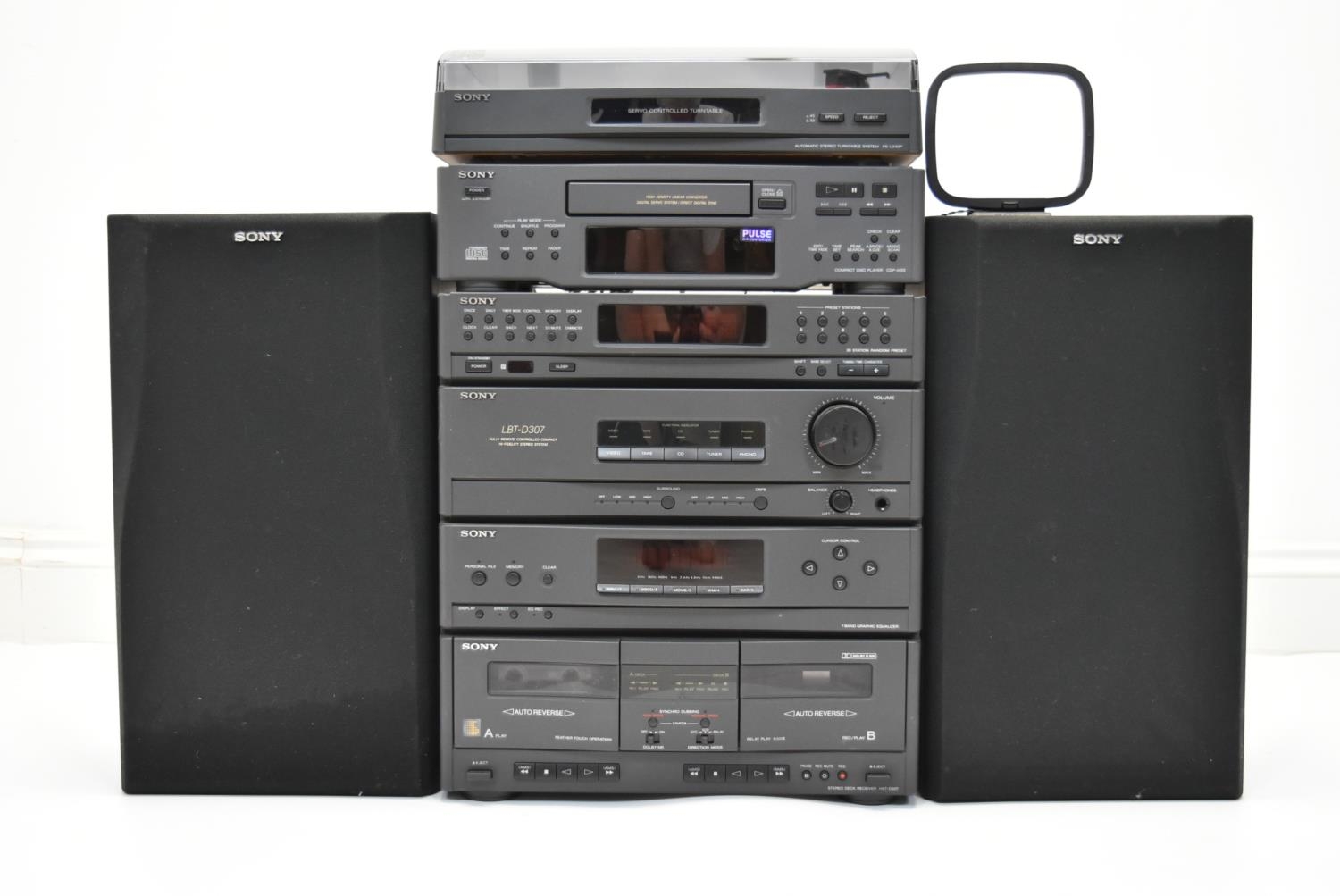 A 20th century electric Sony stereo/hi-fi system to include cassette tape, CD and record players