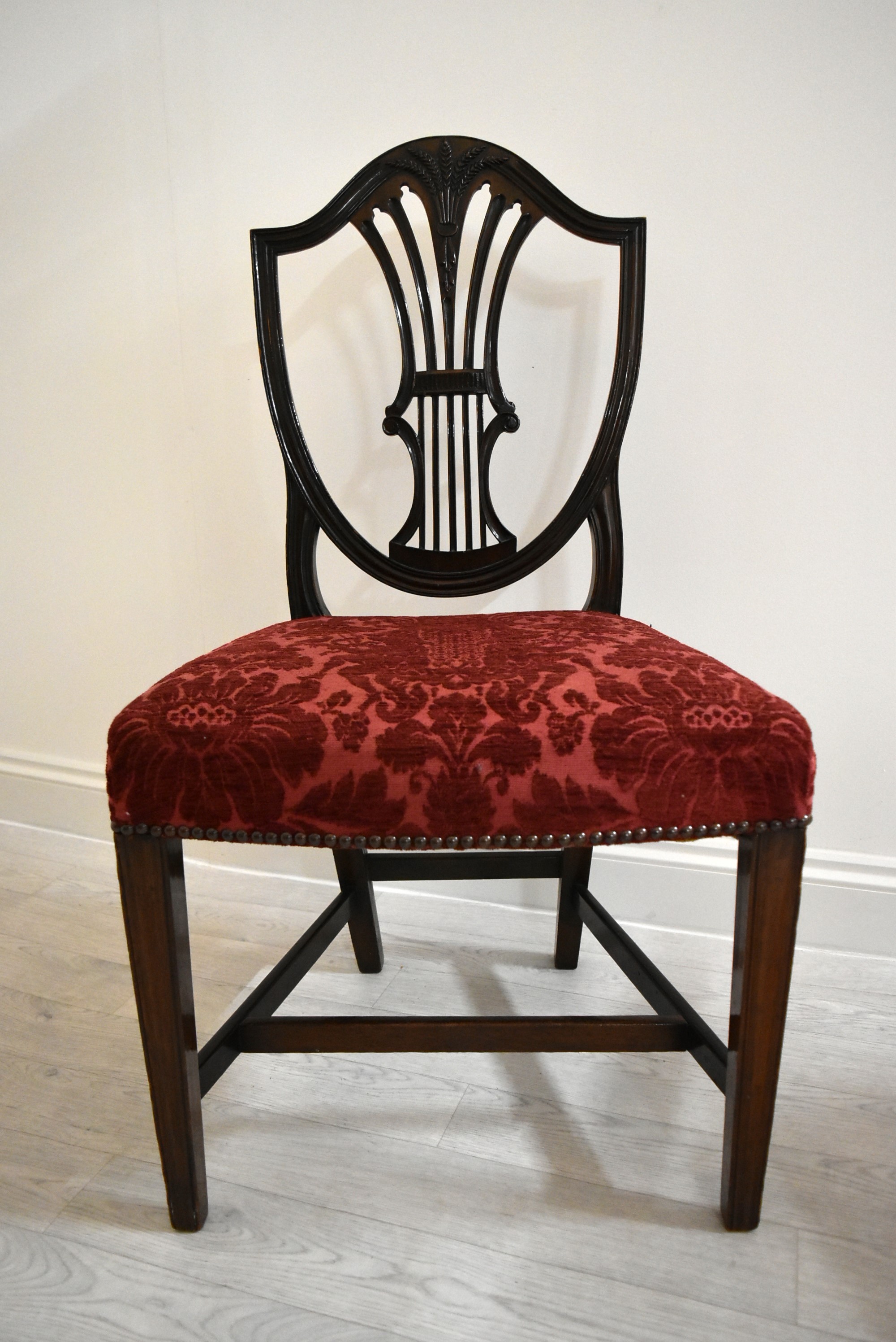 A pair of mahogany framed Hepplewhite style shield back dining chairs, each with stuff over seats. - Image 2 of 8