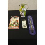 Assorted contemporary painted tin items to include two garden thermometers, a painted reproduction