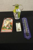 Assorted contemporary painted tin items to include two garden thermometers, a painted reproduction