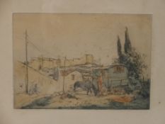 20th century, Continental school, gypsy caravan, watercolour on paper, framed. H.36 W.54cm
