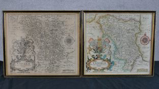 After Christopher Saxon, a framed coloured map of Derbyshire together with a similar black and white