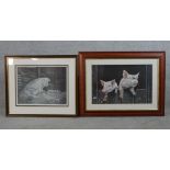 20th century, Pigs, two pencil signed coloured prints on paper, each framed. Largest H.55 x W.72 cm.