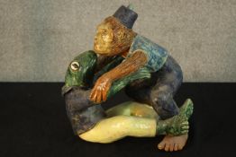 A 20th century painted Studio pottery figure of a frog and a monkey. H.34cm.