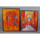 Two Moroccan paintings one signed M. Hazim the other signed with the artists initials. Largest H.