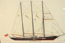 After Rowe, S.T.S. Malcolm Miller, a coloured print of a yacht, frame. H.41 W.51cm.
