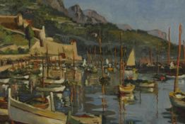 20th century, indistinctly signed, harbour scene, oil on board, framed. H.54 x W.62 cm.