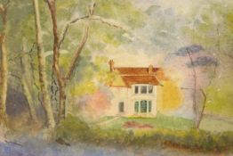 A naive style watercolour of a house surrounded by trees. Framed. H.40 W.49cm.