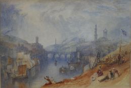 After Joseph Mallord William Turner, Newcastle upon Tyne, watercolour on paper, unsigned, framed.
