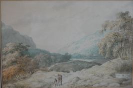 Attributed to Julius Caesar Ibbetson (British, 1759-1817) figures walking by mountainous river,