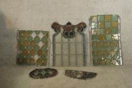 A collection of stained glass panels. Probably Victorian. The largest measures. H.78 x W.47cm.