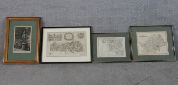 Three framed maps to include Hertfordshire, together with 19th century etching of a people by a