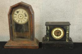 A 19th century marble mantle clock, raised on plinth base, together 19th century walnut cased mantle