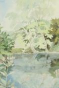 Joan Webb (Contemporary), trees covering a lake, watercolour on paper, signed and framed. H.78 W.