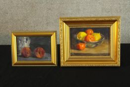 Attributed to Debra Sweeney, two still lifes of fruit, oil on board, initialled, gilt framed.