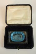 Two engraved glass pin trays in the original boxes, Largest. L.11 x W.13cm.