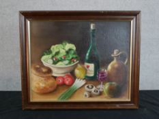 B.D. Bedford (20th century) still life of a salad bowl and bottle of wine, oil on canvas, signed and