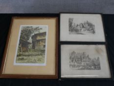 Two framed etchings of buildings, together with a 20th century, wooden hut, pen and ink drawing. pen