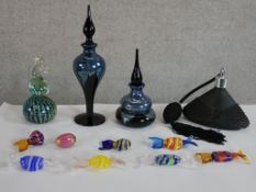 Assortment of glass to include a Mdina glass scent bottle and stopper, together with three other