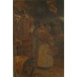 19th century, British school, couple kissing, oil on canvas, unsigned, framed. H.45 W.38cm.