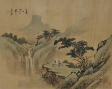 Chinese school, 20th century, village by a waterfall, watercolour on silk, with Chinese