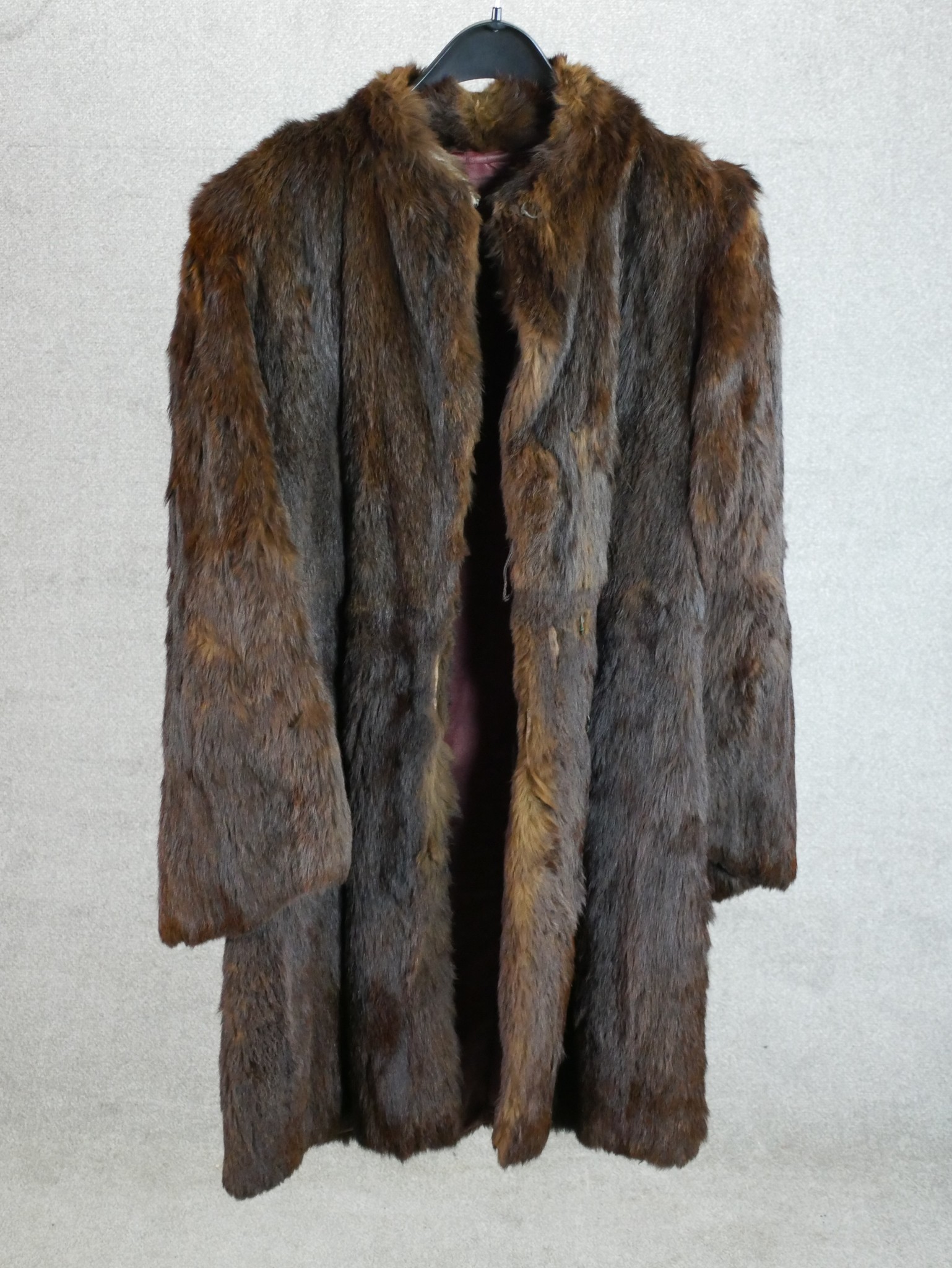 A ladies vintage brown fur full length jacket. L.100cm. Underarm to underarm :54cm.