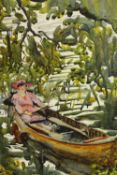 Leonard Walker (British 1877-1964) Zena, a lady relaxing in a canoe on a river, watercolour and