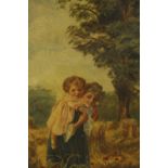 19th century, British school, mother giving daugter a piggy back in corn field, oil on canvas,