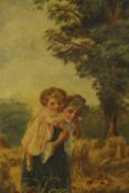 19th century, British school, mother giving daugter a piggy back in corn field, oil on canvas,