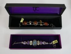 Two boxed silver and gemstone bracelets, one set with Morganite, Mystic topaz and pale green stones,
