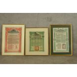 Three 20th century framed Chinese bonds to include; Imperial Chinese Government bond for £100, a