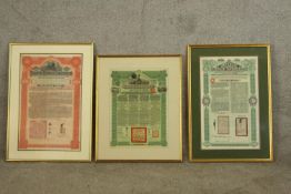 Three 20th century framed Chinese bonds to include; Imperial Chinese Government bond for £100, a