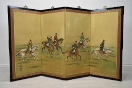 A 20th century painted Chinese four panel three fold silk screen decorated with soldiers on