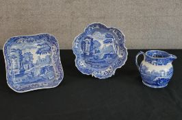 Three pieces of Spode Italian blue and white comprised of a jug, a lobed shaped bowl and a footed