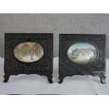 Two 19th century Anglo-Indian minatures; Taj Mahal and Indian fort, both in carved ebonised frame.