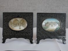 Two 19th century Anglo-Indian minatures; Taj Mahal and Indian fort, both in carved ebonised frame.